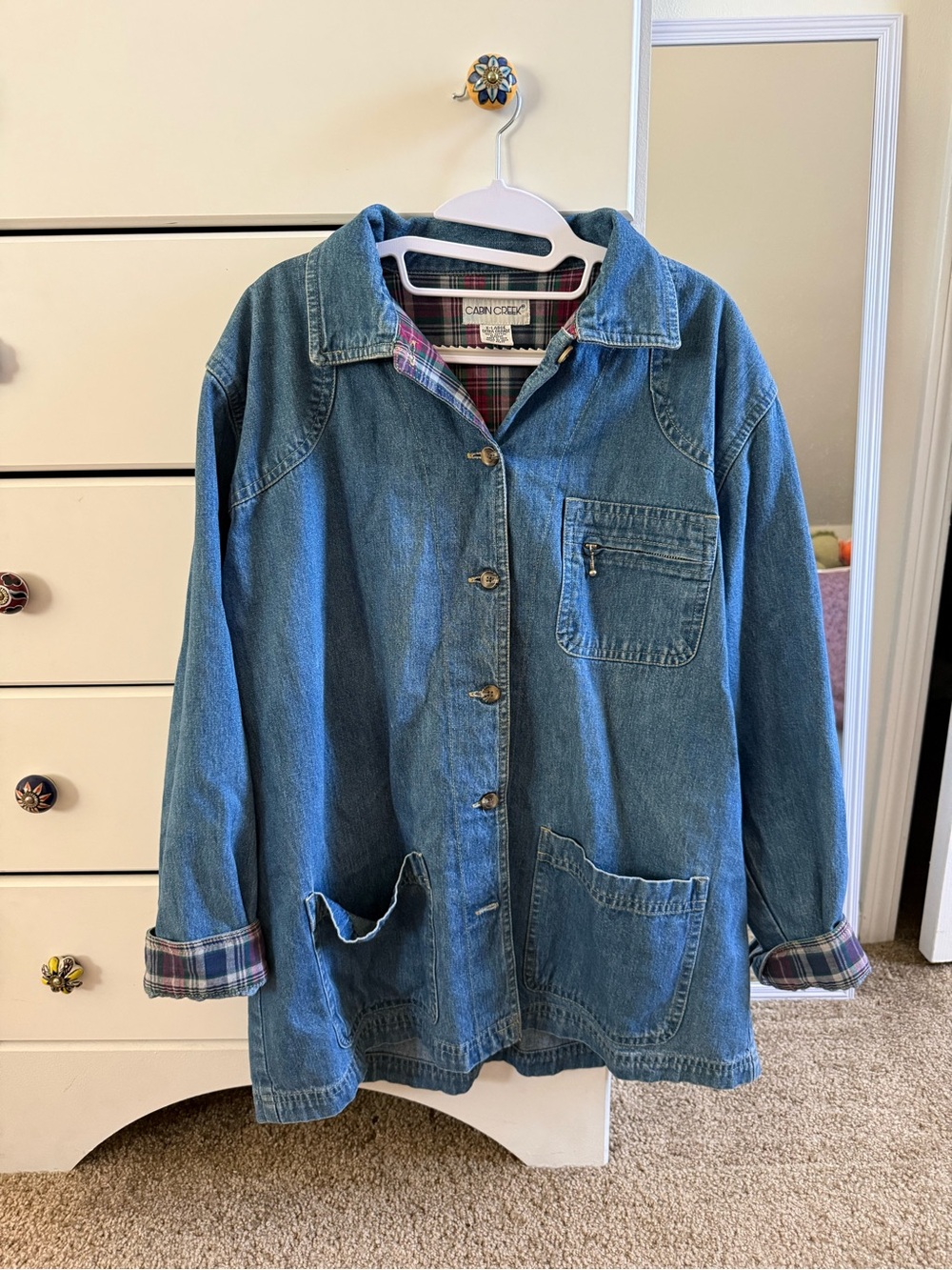 Cabin Creek Blue Denim Jacket with Plaid Trim